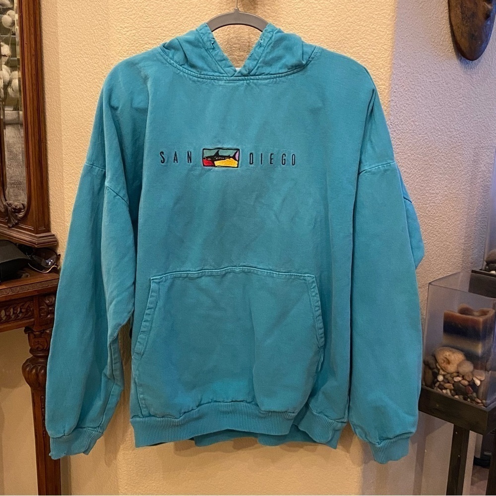 Vintage CRAZY SHIRTS Turquoise San Diego Embroidery Hoodie Sweatshirt Size Large